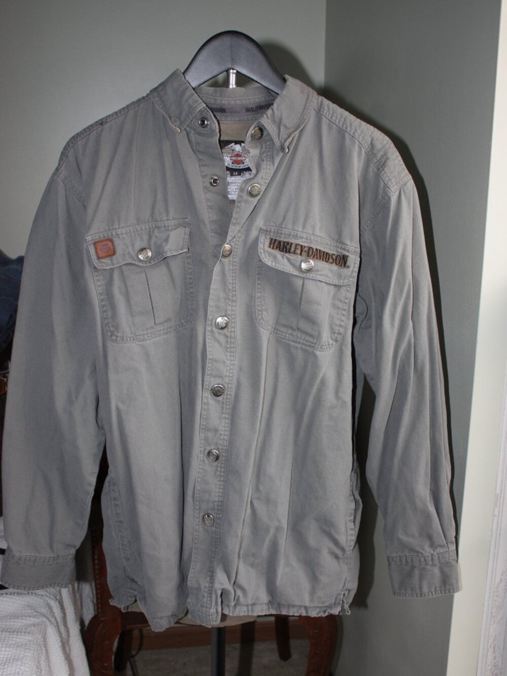 Harley Davidson Mens Grey Canvas Heavyweight Button Down Shirt Jacket Size Mediu